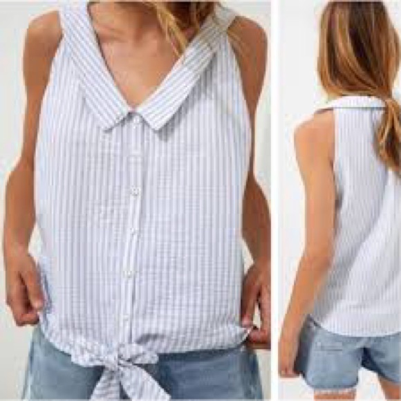 Anthropologie Pilcro Tie-Front Buttondown Tank Blue White Seersucker Stripes - Picture 2 of 6